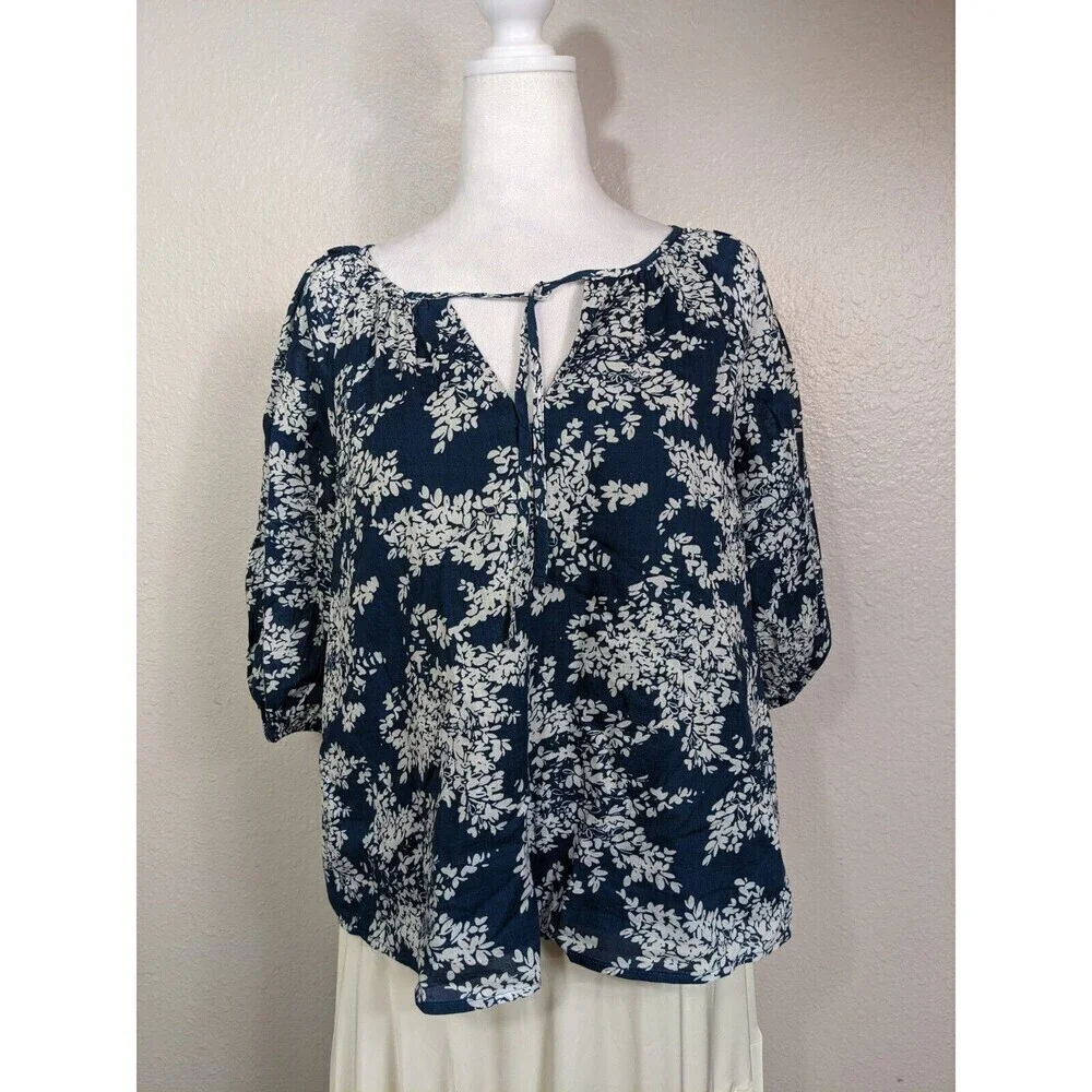 Abercrombie Fitch Shirt Womens Small Navy Blue White Floral Peasant‎ Blouse Boho